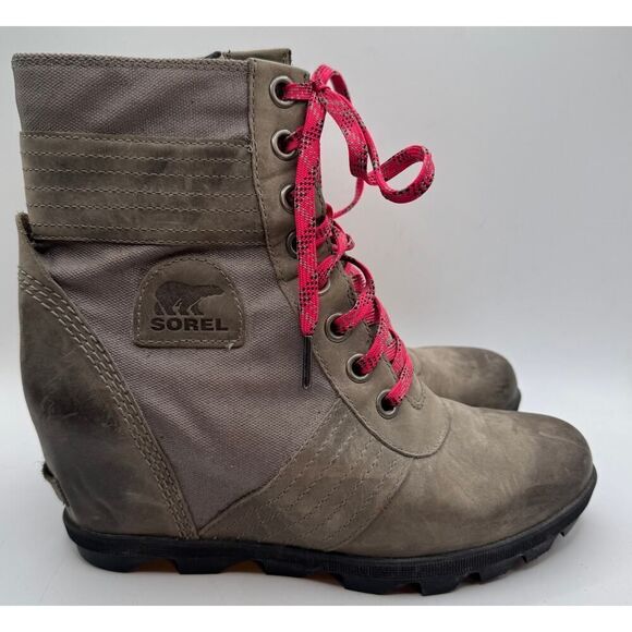 Sorel Gray Lexie Wedge Boots Women's Size 10 NL3046 EUC Grey Pink Lace - Picture 1 of 11